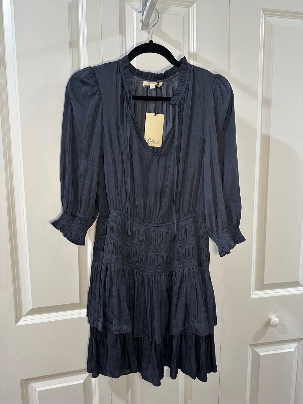 Elan Dusty Blue Tiered V-Neck Dress